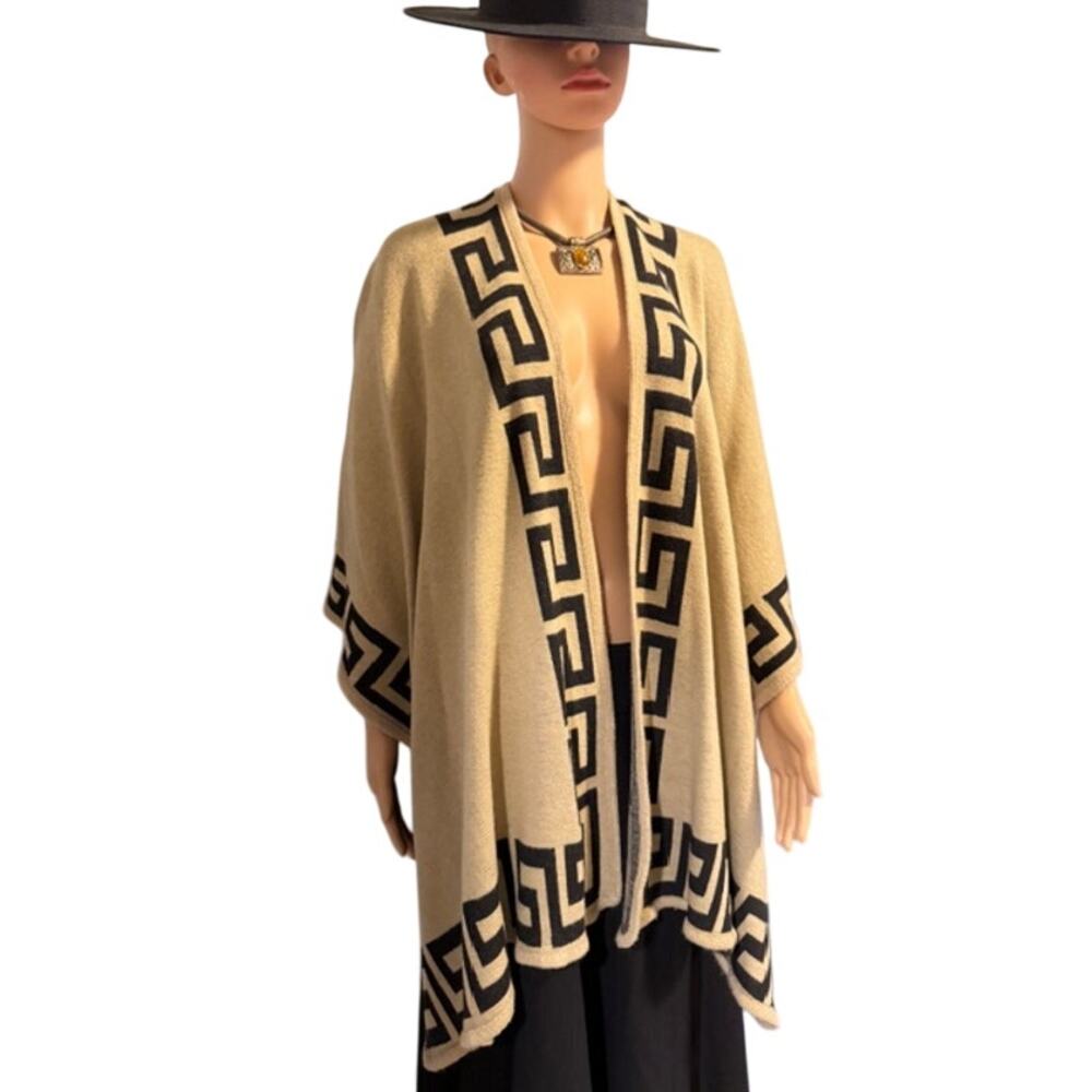 Vintage Black & Camel Beige Greek Key Design Knit Shawl Wrap, One Size